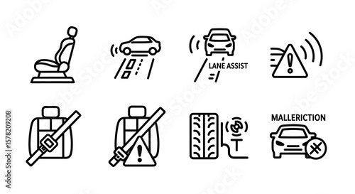 Collection of Eight Line Art Car Safety Icons: Seat, Lane Assist, Warning, Seatbelt, Tire Pressure Monitoring, and Malfunction