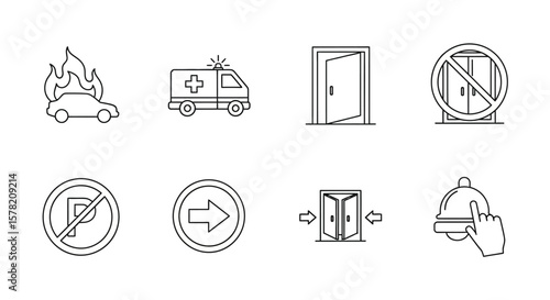 Collection of Outline Icons: Car on Fire, Ambulance, Open Door, No Entry, No Parking, Directional Arrow, Double Doors, Service Bell