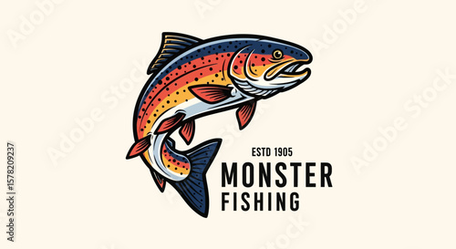 Colorful Jumping Rainbow Trout, Vintage Monster Fishing Logo