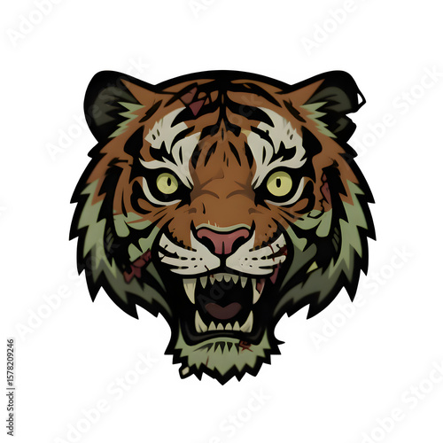 A fierce tiger head with sharp eyes and bared teeth, radiating wild strength and intensity.