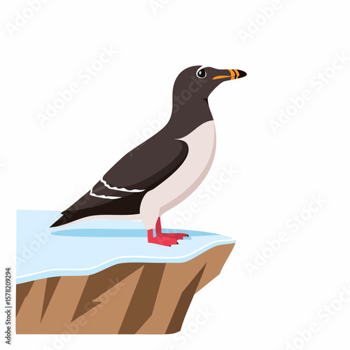 Cartoonish Alcidae Bird Perched on Ice Cliff, Profile View, Looking Away