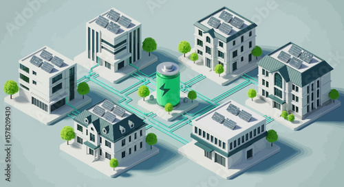 Green Battery with Lightning Symbol, Connected to Buildings, Isometric View