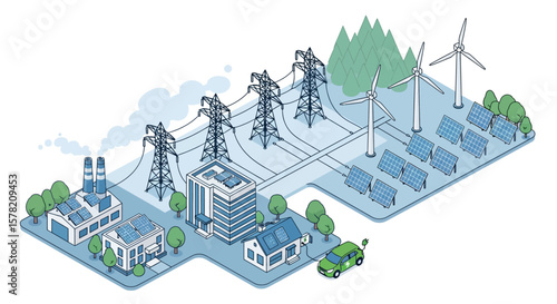 Isometric Green Energy Landscape with Solar Panels, Wind Turbines, and Electric Car