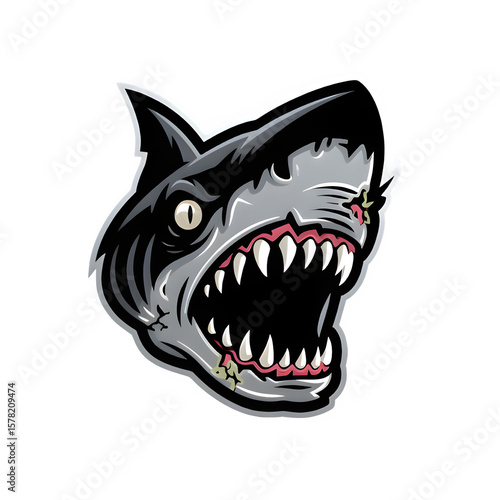 A terrifying shark head with its jaws wide open, revealing sharp teeth and an aggressive, fearsome expression.