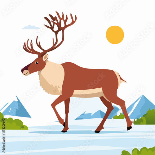 Cartoon Reindeer Walking Across Snowy Landscape Under Bright Sun