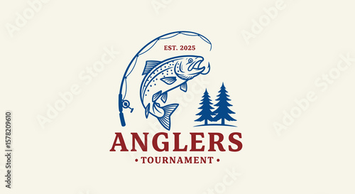 Anglers Tournament Logo with Leaping Fish, Fishing Rod, and Pine Trees