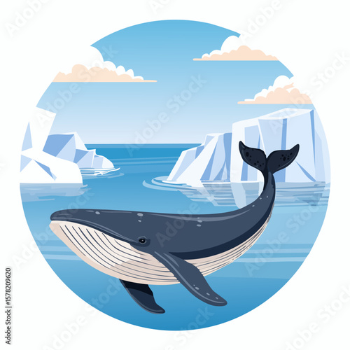 Majestic Humpback Whale Swimming in Arctic Waters with Icebergs and Clouds