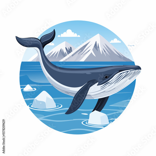 Majestic Blue Whale Swimming in Arctic Waters with Icebergs and Mountains