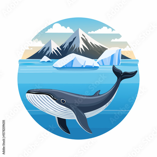 Majestic Humpback Whale Swimming in Arctic Waters with Icebergs and Mountains