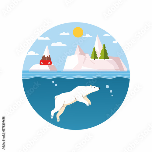 Swimming Polar Bear in Arctic Waters with Snowy Mountains and Sun