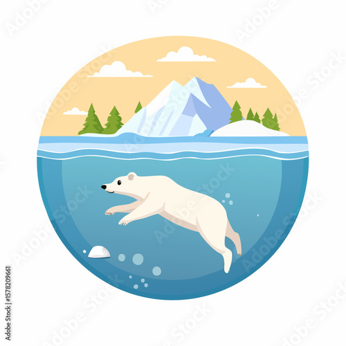 Swimming Polar Bear in Arctic Waters with Iceberg and Trees