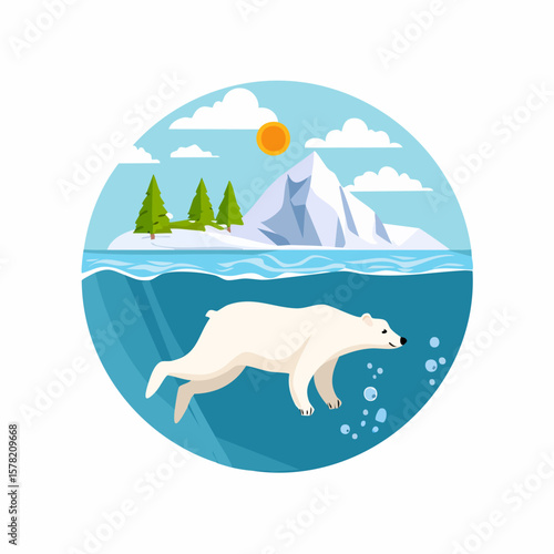 Swimming Polar Bear in Arctic Waters with Mountainous Landscape.