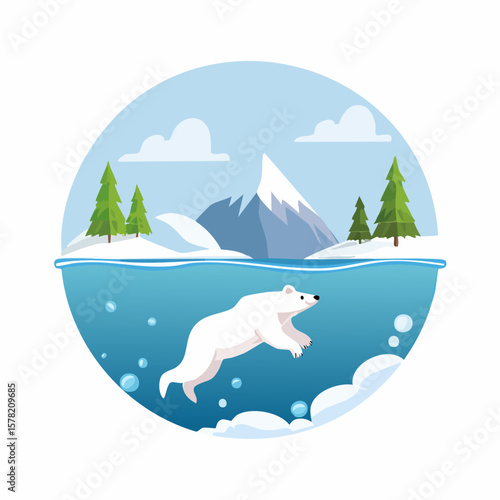 Playful Polar Bear Leaping Through Icy Arctic Waters in Illustration