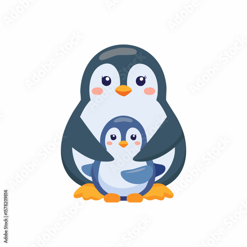 Adorable Penguin Parent and Child Embracing with Loving Affection.
