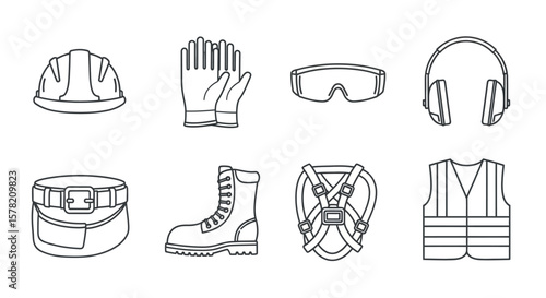 Construction Safety Gear Outline: Hard Hat, Gloves, Goggles, Earmuffs, Tool Belt, Boot, Harness, Vest