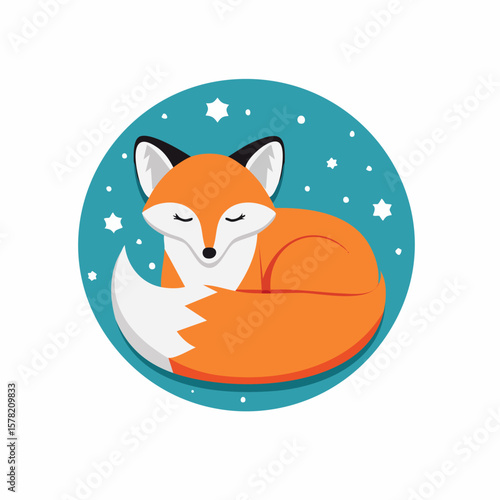 Adorable Cartoon Fox Sleeping Peacefully Within a Teal Circle