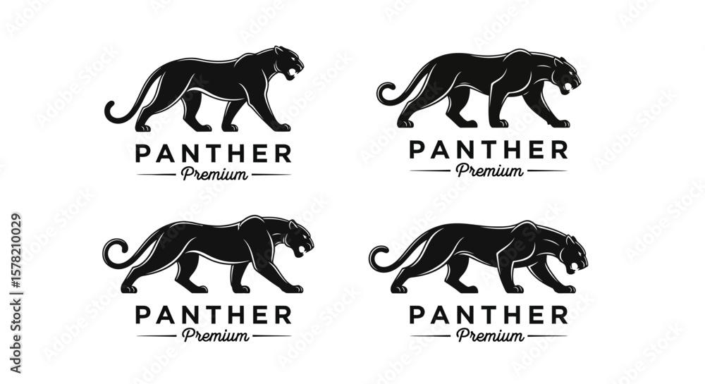 Naklejka premium Four Black Panther Premium Logos: Walking, Growling, Elegant Design on White Background