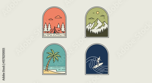 Set of Four Arch-Shaped Line Art Illustrations: Camping, Mountains, Beach, and Surfing