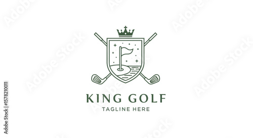 Elegant King Golf Logo Design with Crown, Shield, and Clubs in Green