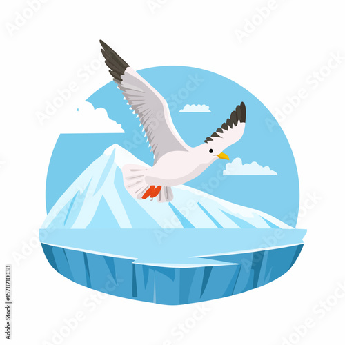 A soaring seagull over icy mountains and arctic landscape.