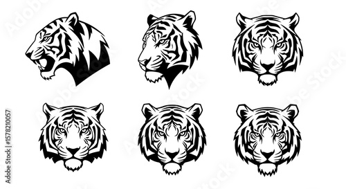 Six Stylized Black and White Tiger Head Illustrations: Profile, Three-Quarter, and Frontal Views