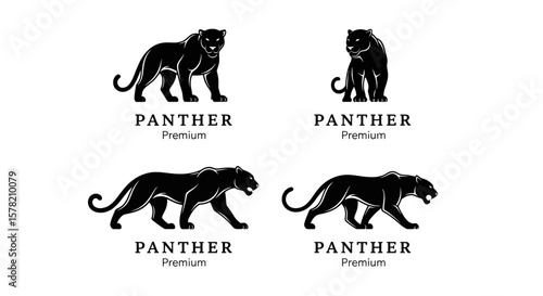 Four Black Panther Silhouettes: Standing, Walking, Premium Vector Logos