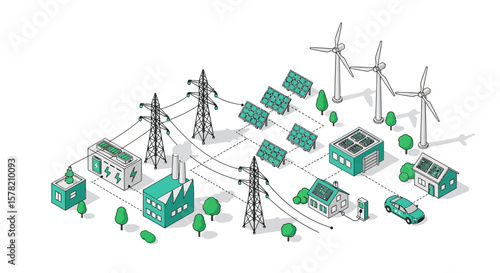 Isometric Green Energy Grid Illustration with Wind Turbines and Solar Panels