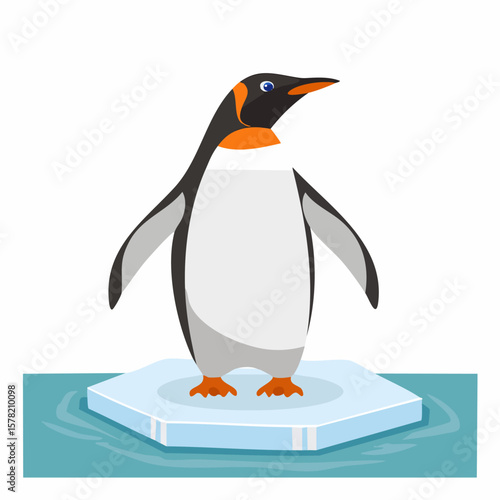 Cartoon Penguin Standing Proudly on a Floating Iceberg in Antarctic Waters