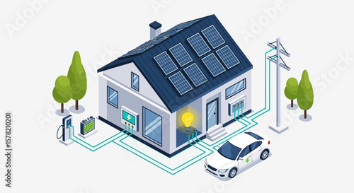 Sustainable Home with Solar Panels, EV Charger, and Connected Systems