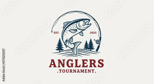 Leaping Trout with Fishing Rod and Pine Trees, Anglers Tournament Logo