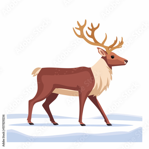 Stylized Reindeer Walking Across Snow, Featuring Large Antlers and Fur