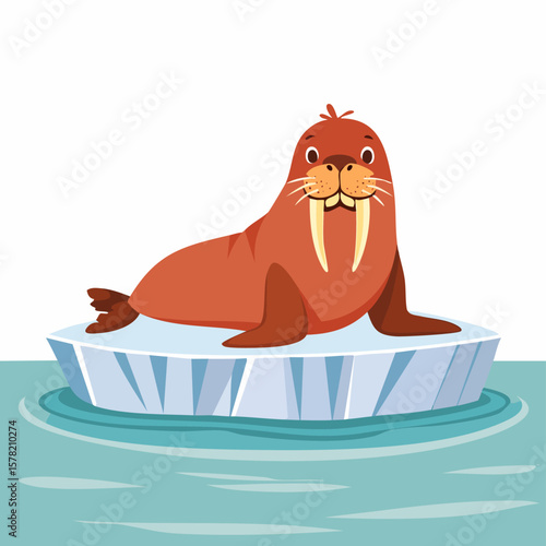 Cartoon Walrus Resting on Ice Floe with Large Tusks and Smiling Face