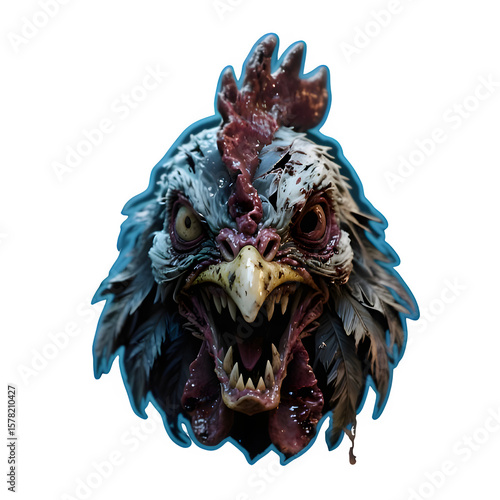 A terrifying zombie chicken head with rotting feathers, cracked beak, and a disturbing, lifeless stare.