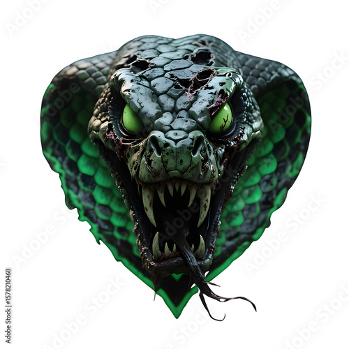 A zombie viper snake head with rotting flesh, cracked fangs, and a terrifying