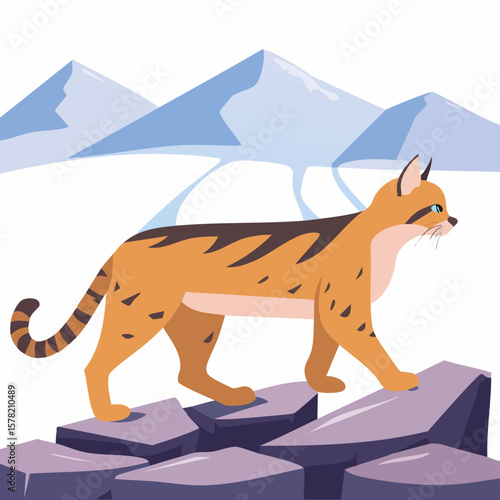Cartoon Tiger Walking on Rocky Terrain with Snowy Mountain Backdrop