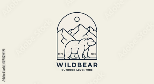 Monoline Wild Bear Logo with Mountain Background
