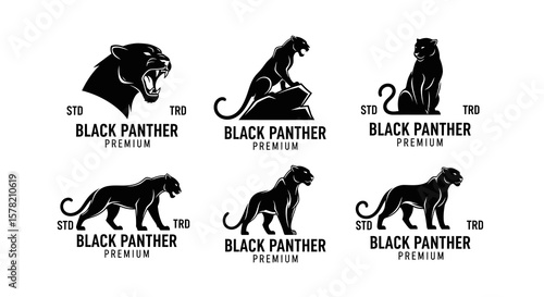 Six Black Panther Logo Designs:  Vector Illustrations of Roaring, Sitting, and Standing Panthers