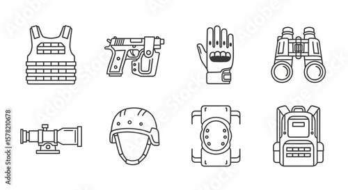 Tactical Gear Line Art: Bulletproof Vest, Gun, Binoculars, and More