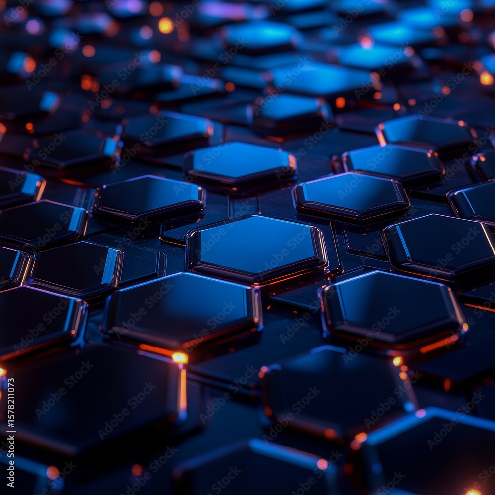 Fototapeta premium Futuristic hexagonal grid pattern in chrome and matte black sharp lines ambient blue backlighting