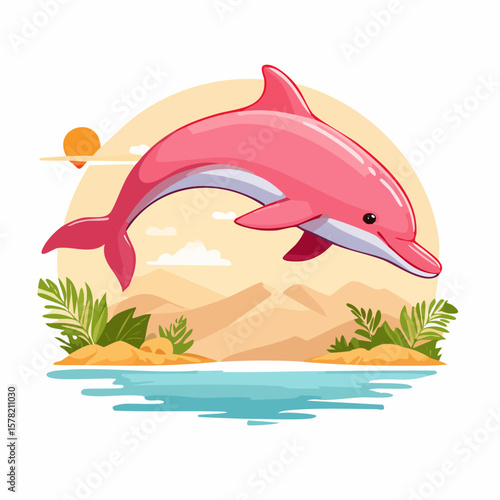 Playful Pink Dolphin Leaping Above Tropical Beach Scene with Sun