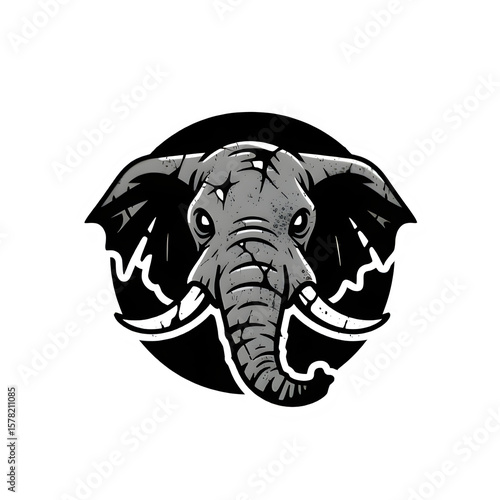 A gray war elephant head with visible battle scars, rough textures, and a fierce, weathered expression.