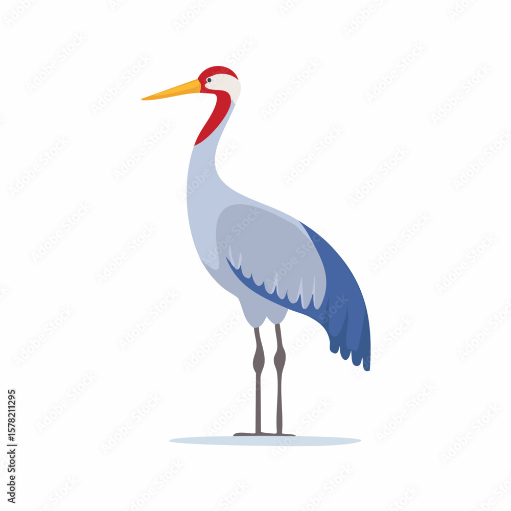Obraz premium Elegant Crane with Red Head and Blue Wing Illustration, Standing Proudly