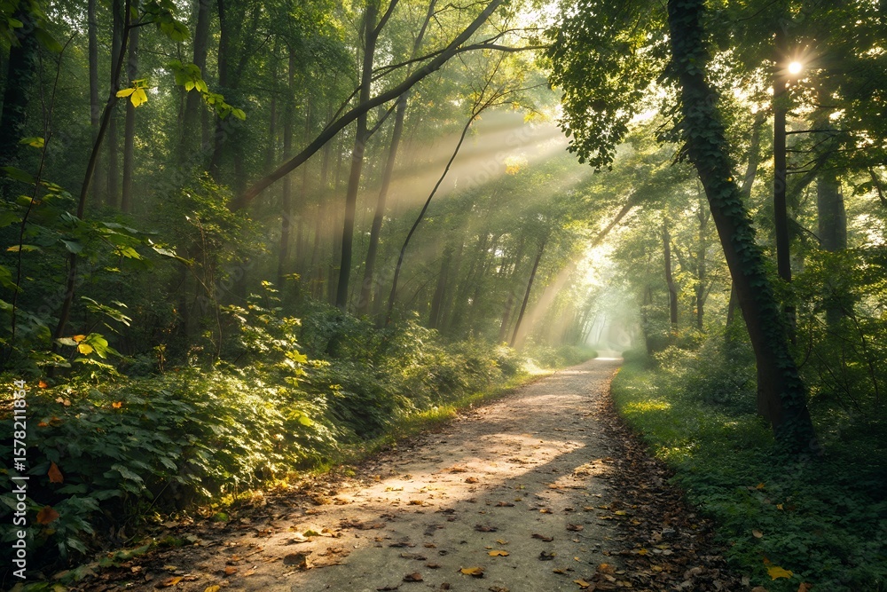 Naklejka premium Sunbeams pierce through dense forest canopy illuminating a winding path in early morning light