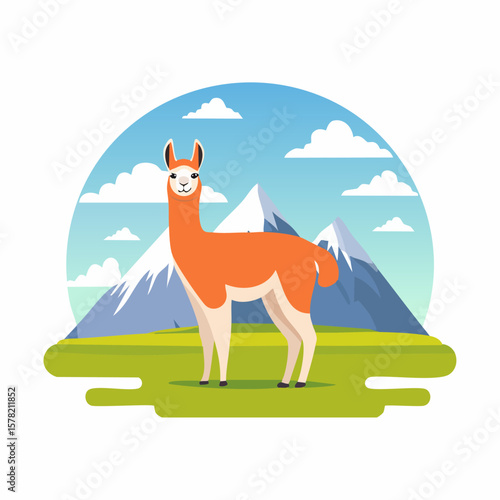Cartoon Llama Standing in Front of Mountains and a Blue Sky