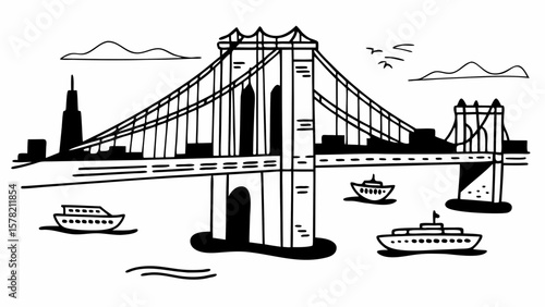 A stylized black and white illustration of the Brooklyn Bridge with a cityscape in the background.