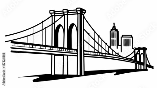 A stylized black and white illustration of the Brooklyn Bridge with a cityscape in the background.