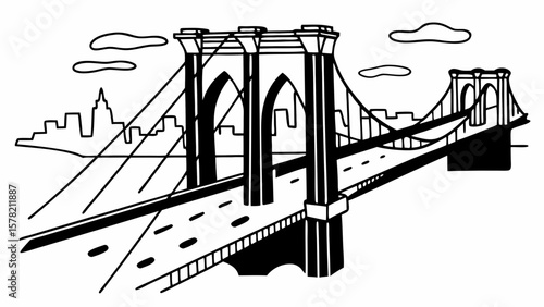 A stylized black and white illustration of the Brooklyn Bridge with a cityscape in the background.