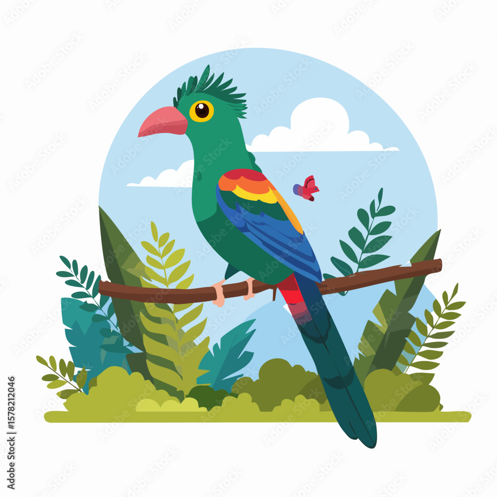 Obraz premium Colorful Cartoon Parrot Perched on Branch with Butterfly and Foliage.