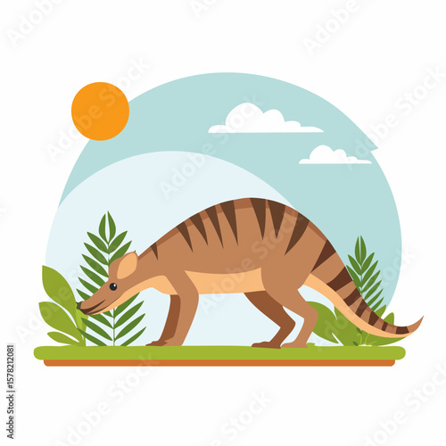 Cartoon Thylacine Grazing in a Sunny Landscape with Greenery and Clouds