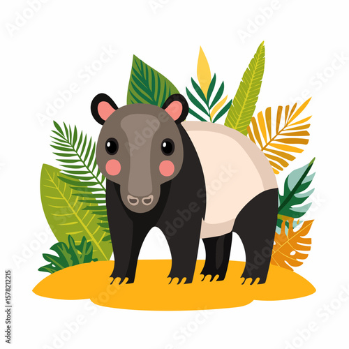 Adorable Tapir Standing Amidst Lush Tropical Foliage with Playful Expression